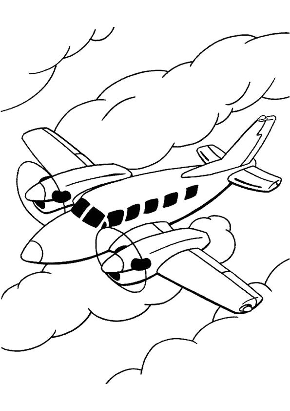 Dessin   colorier d un avion   hélices survolant les nuages