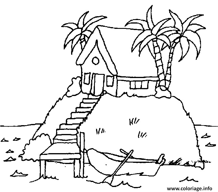 Dessin palmier maison pres de la plage Coloriage Gratuit   Imprimer
