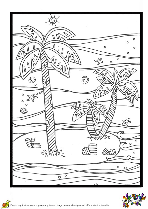 Coloriage vacances palmiers et plage