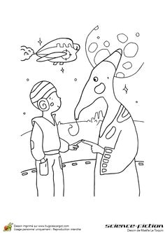Illustration   colorier d un petit gar§on astronaute faisant la rencontre d une créature