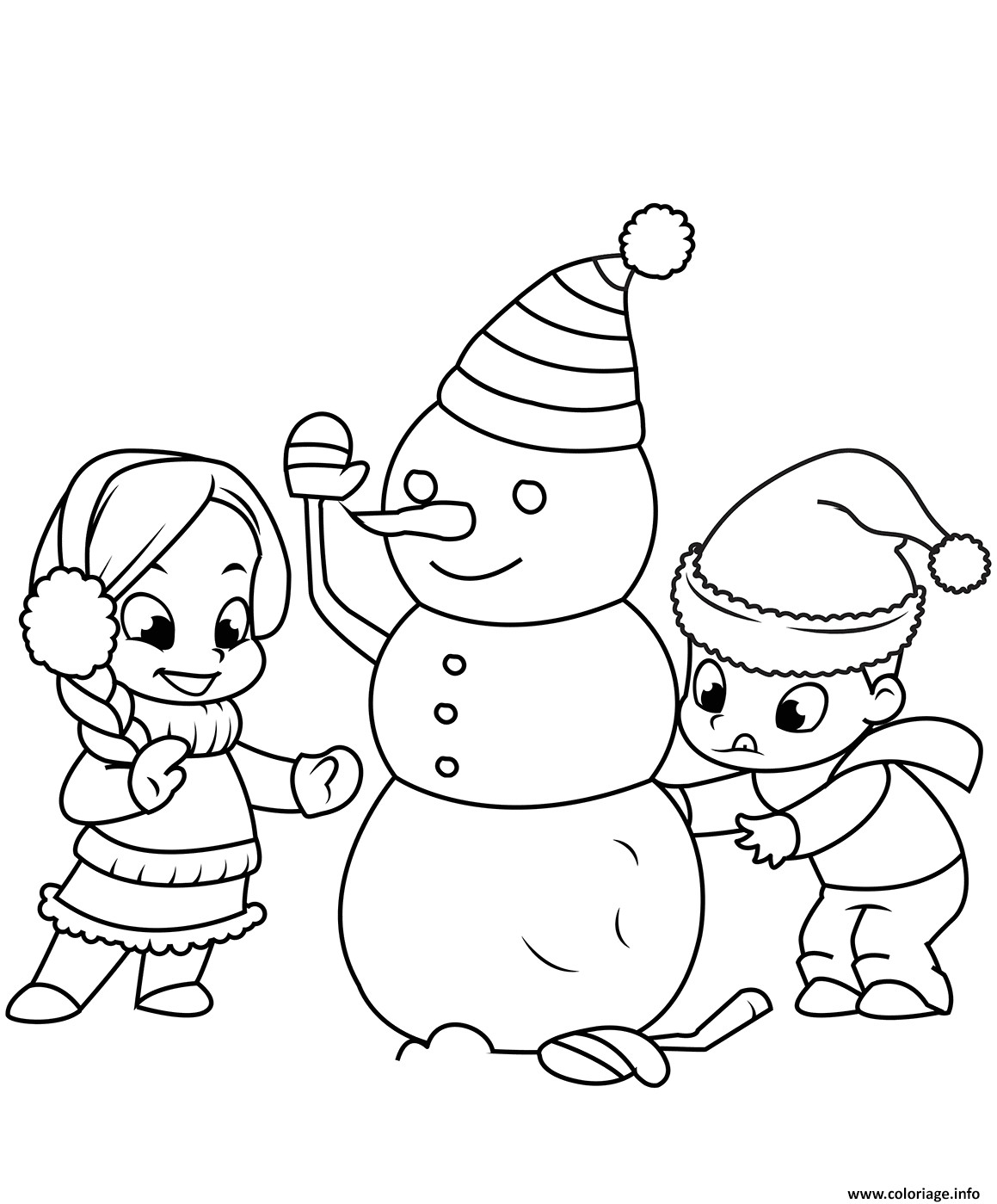 les enfants construisent un bonhomme de neige coloriage dessin