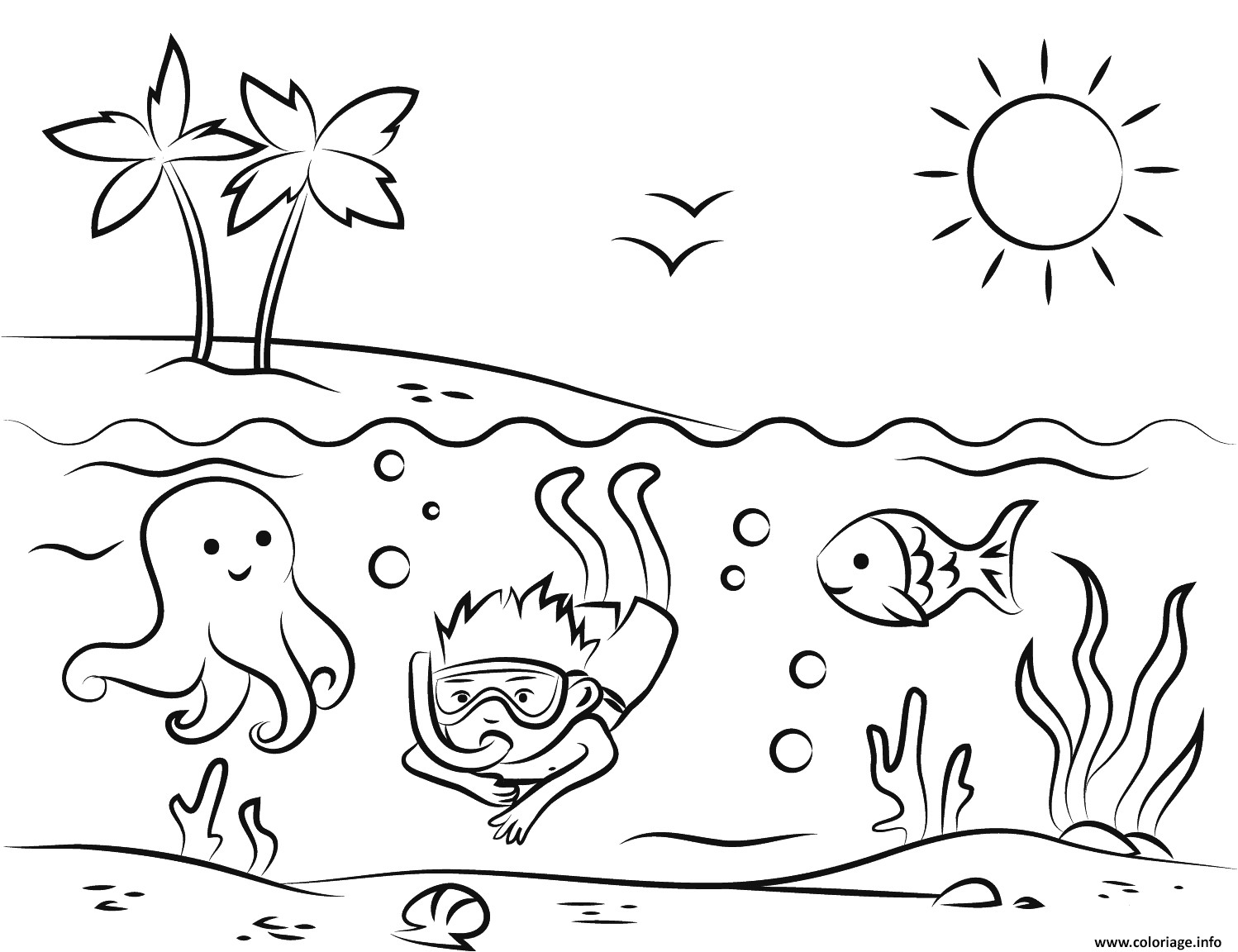 plage tropicale garcon nage poisson soleil vacance coloriage dessin