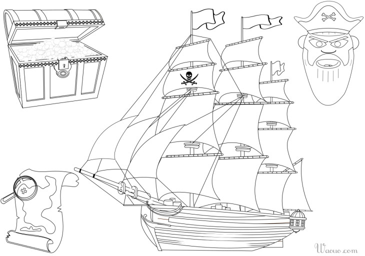 coloriage bateau et tresor de pirate