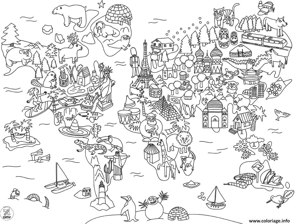 xxl carte du monde en dessin anime coloriage