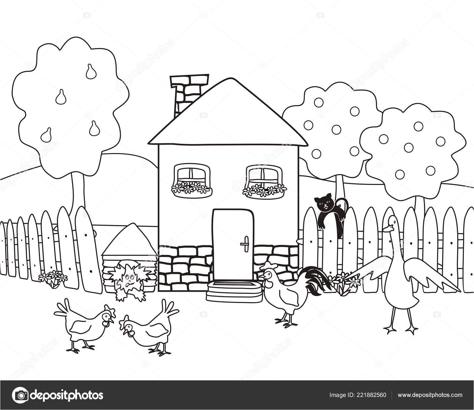 stock illustration house garden farm animals coloring
