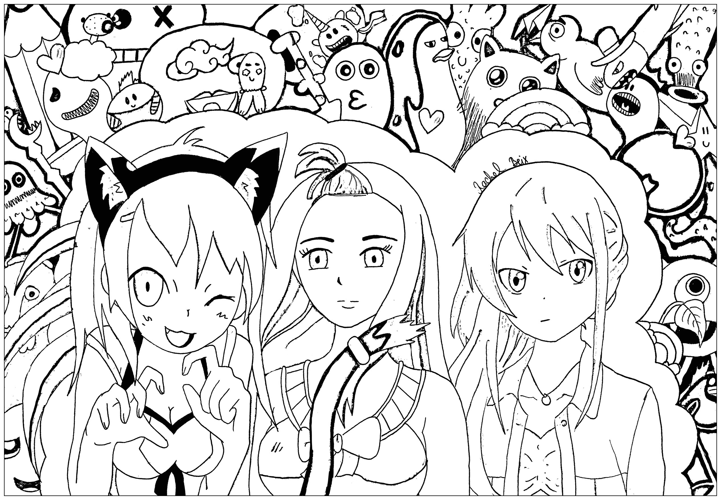 coloriage manga 3 filles par rachel
