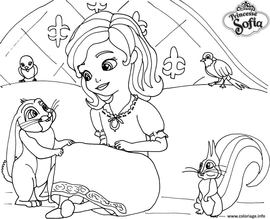 princesse sofia sur son lit avec un lapin coloriage dessin
