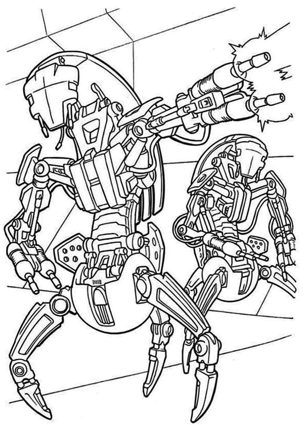 droidekas shooting laser gun in star wars coloring page